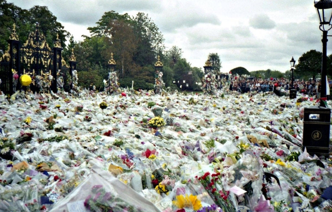 Flowers laid 5 feet deep outside Buckingham Palace after Princess Diana died. Source: reddit.com