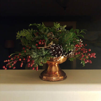 Evergreen floral centrepiece by ForagedFloralsNewRoss.ca