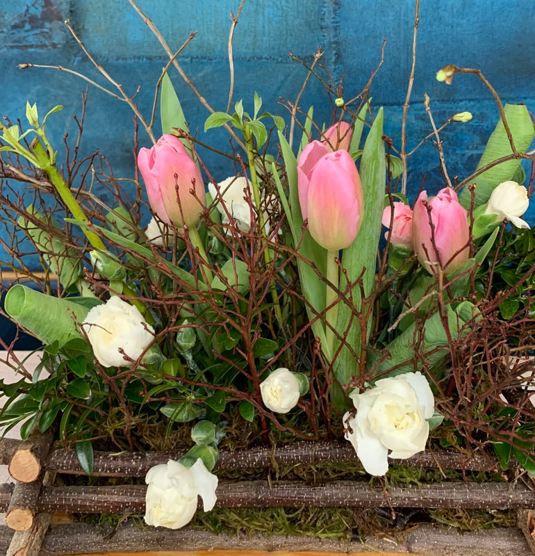 Tulips with dianthus. Photo by Carol Millett of Foraged Florals New Ross